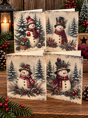 Handmade Set of 8 Snowman Christmas Holiday Cards & Envelopes Assortment