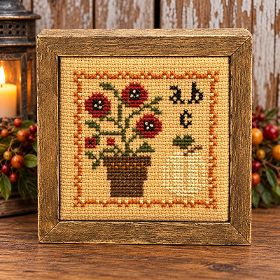 Pumpkin Sampler Handmade Cross Stitch Stitchery Wood Frame 4.5