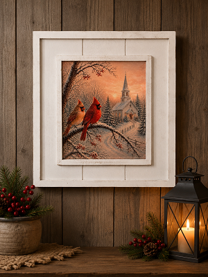Cardinal Couple & Church Vibrant Artwork in Elegant Solid Wood Frame 13