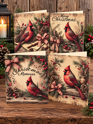 Cardinal Handmade Set of 8 Christmas Holiday Cards & Envelopes Assortment