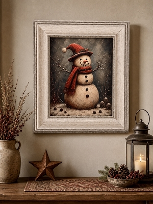 Winter Snowman Vibrant Artwork in Elegant Solid Wood Frame 12