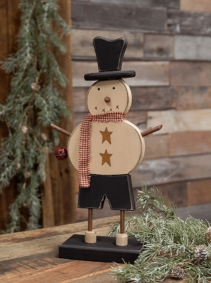 Chunky Wooden Top Hat Snowman on Base with Jingle Bell