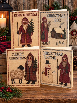 Primitive Cross Stitch Handmade Set of 8 Christmas Card & Envelope Blank Inside