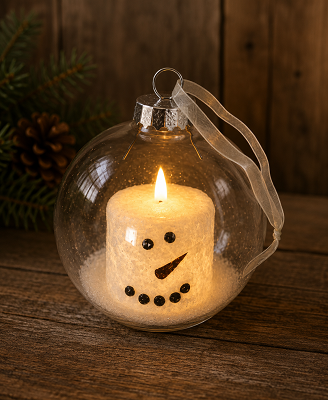 Large Plastic Ball Ornament w/Snowman Timer LED Candle 6