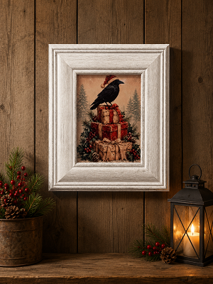 Crow on Christmas Presents Vibrant Artwork in Elegant Solid Wood Frame 9