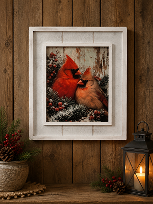 Cardinal Couple Vibrant Artwork in Elegant Solid Wood Frame 13