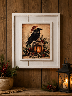 Christmas Crow on Lantern Vibrant Artwork in Elegant Solid Wood Frame 13