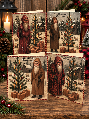 Folk Art Primitive Santa Handmade Set of 8 Christmas Card & Envelope Blank Inside