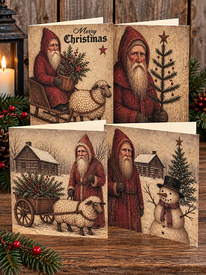 Handmade Set of 8 Primitive Santa Christmas Holiday Cards & Envelopes Assortment