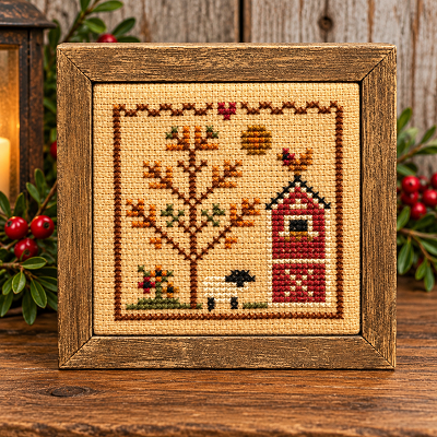 Sheep & Barn Handmade Cross Stitch Stitchery Wood Frame 4.5