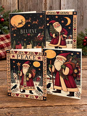 Folk Art Santa Collection Handmade Set of 8 Greeting Christmas Cards & Envelopes Blank Inside