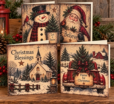 Santa, Snowman, Truck, Church Handmade Greeting Christmas Card & Envelopes Blank Inside