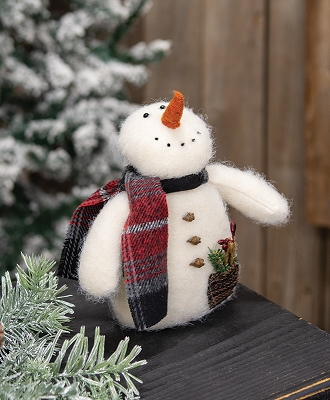 Stuffed Wishing Snowman with Greenery Pocket & Plaid Scarf