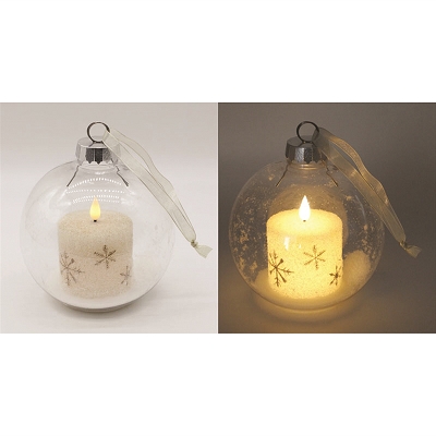 Large Plastic Ball Ornament w/Gold Snowflake Timer LED Candle 6