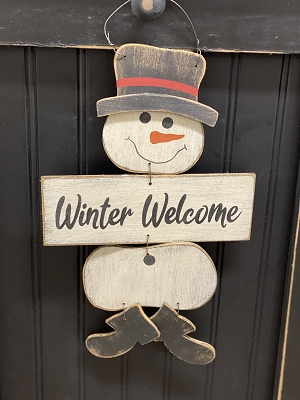 Handmade Winter Welcome Snowman Wood Hanger 15