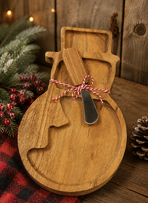 Wooden Snowman Cheese Tray and Knife Set