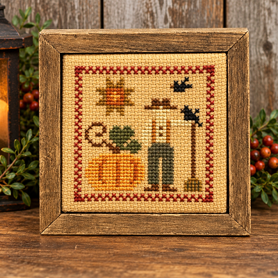 Pumpkin Farmer Handmade Cross Stitch Stitchery Wood Frame 4.5